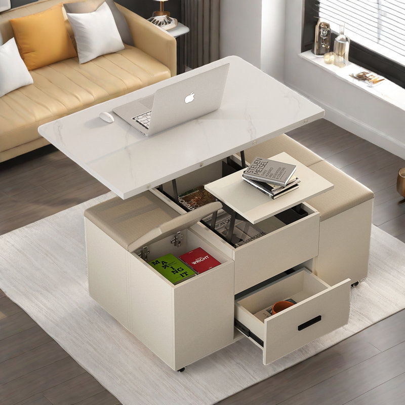 Modern Lift up Folding Coffee Table With 4 Stools 2 Drawers And Hidden Storage Space